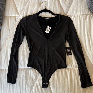 Express Black Long-Sleeve V-Neck Shimmer Bodysuit